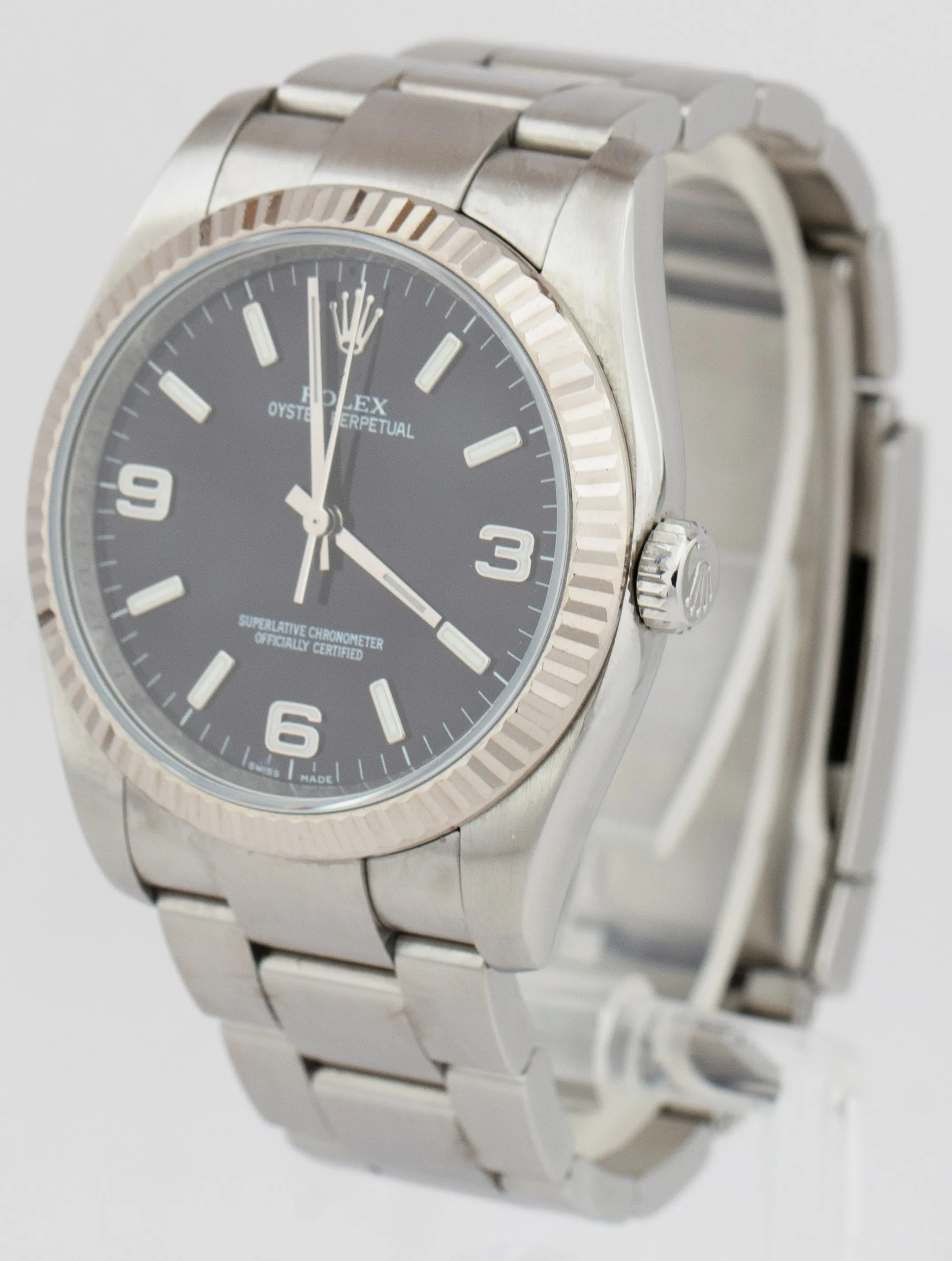Rolex Oyster Perpetual Black Steel 18K White Gold Fluted 34mm Watch 114234 CARD