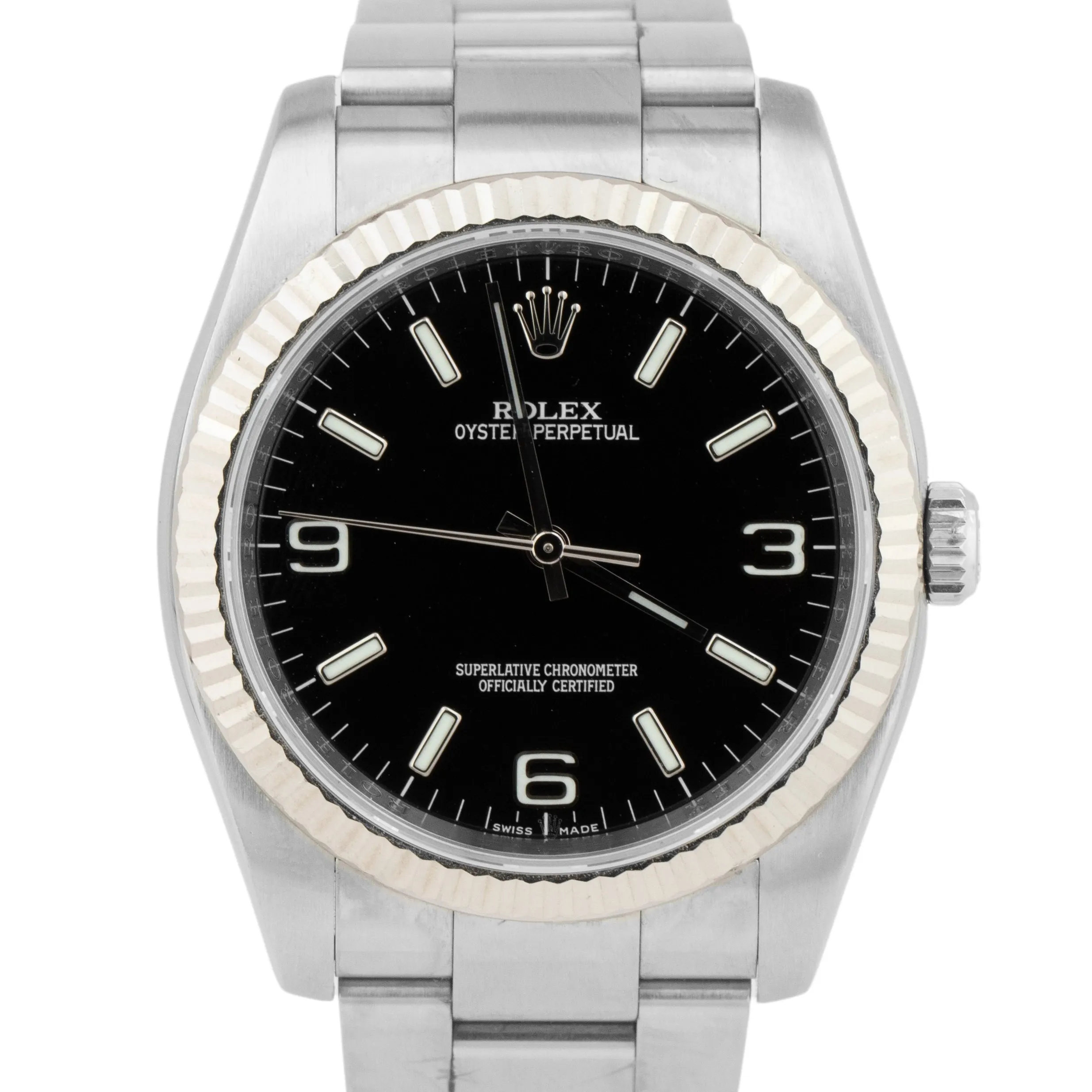 Rolex Oyster Perpetual Black Steel 18K White Gold Fluted 34mm Watch 114234 CARD