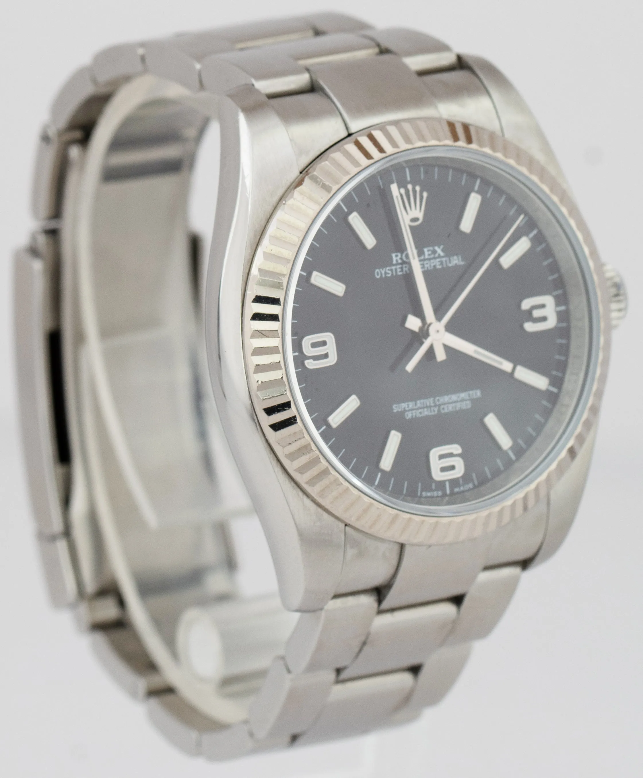 Rolex Oyster Perpetual Black Steel 18K White Gold Fluted 34mm Watch 114234 CARD