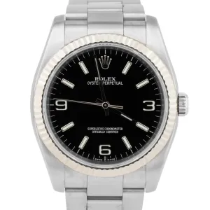 Rolex Oyster Perpetual Black Steel 18K White Gold Fluted 34mm Watch 114234 CARD