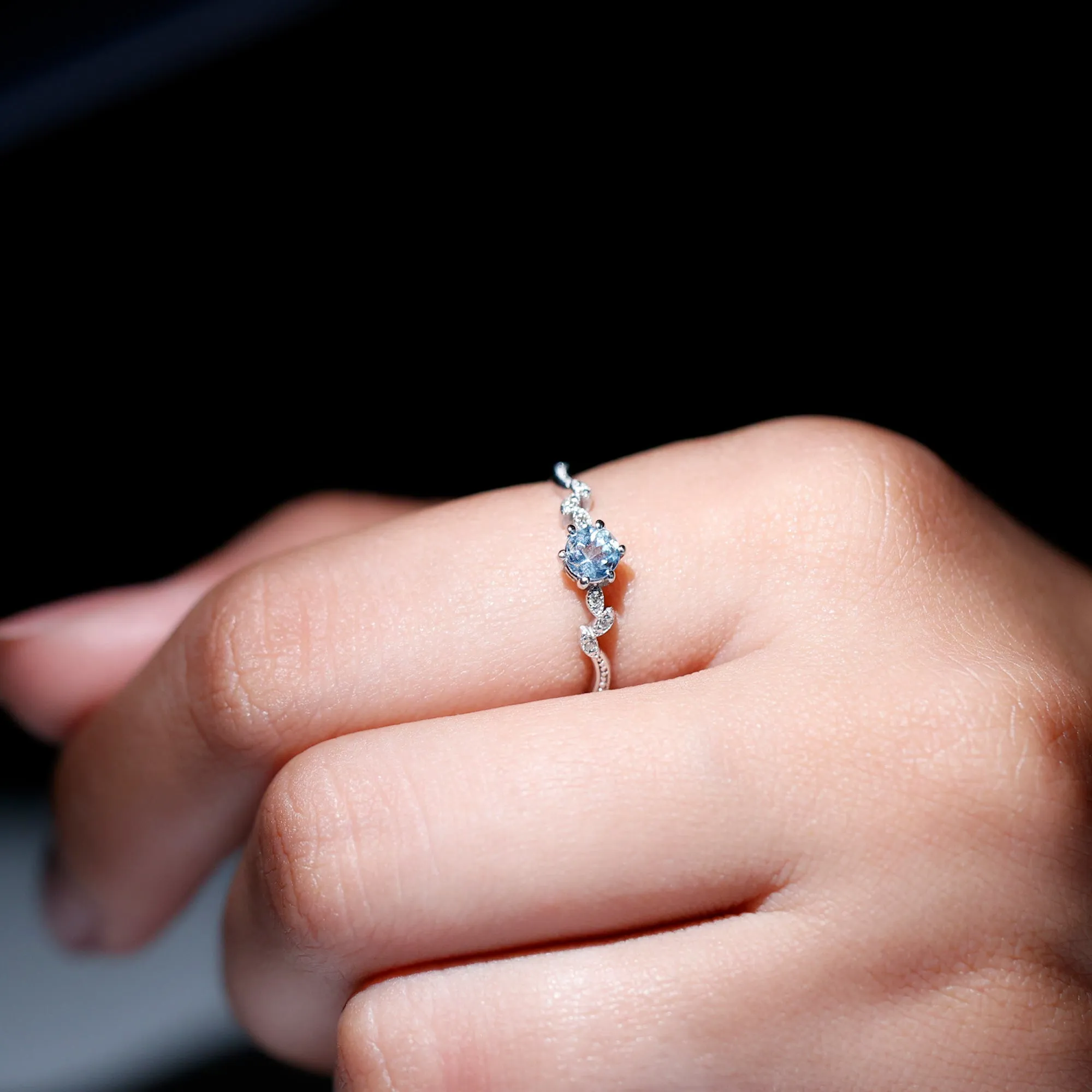 Round Aquamarine Diamond Nature Inspired Promise Ring