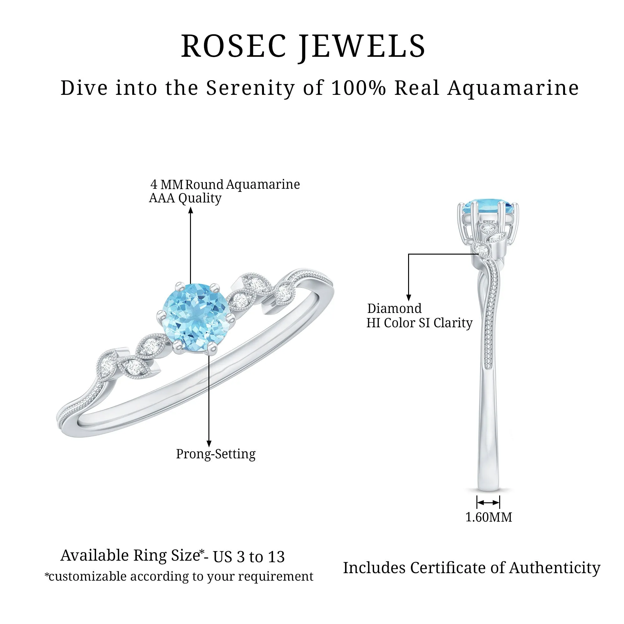 Round Aquamarine Diamond Nature Inspired Promise Ring