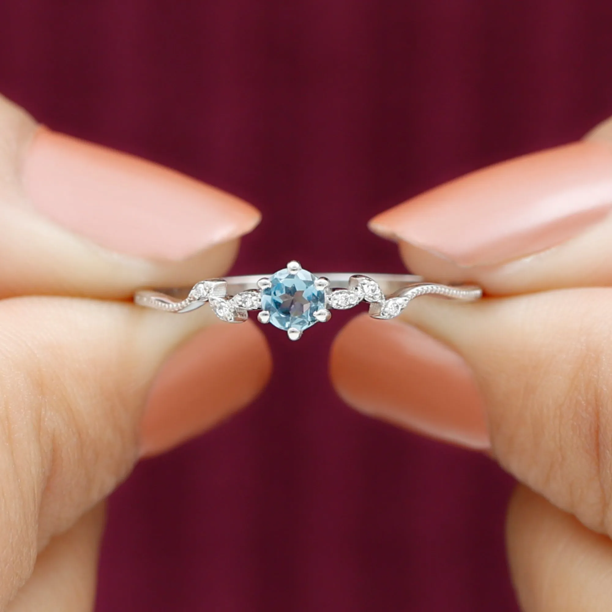 Round Aquamarine Diamond Nature Inspired Promise Ring