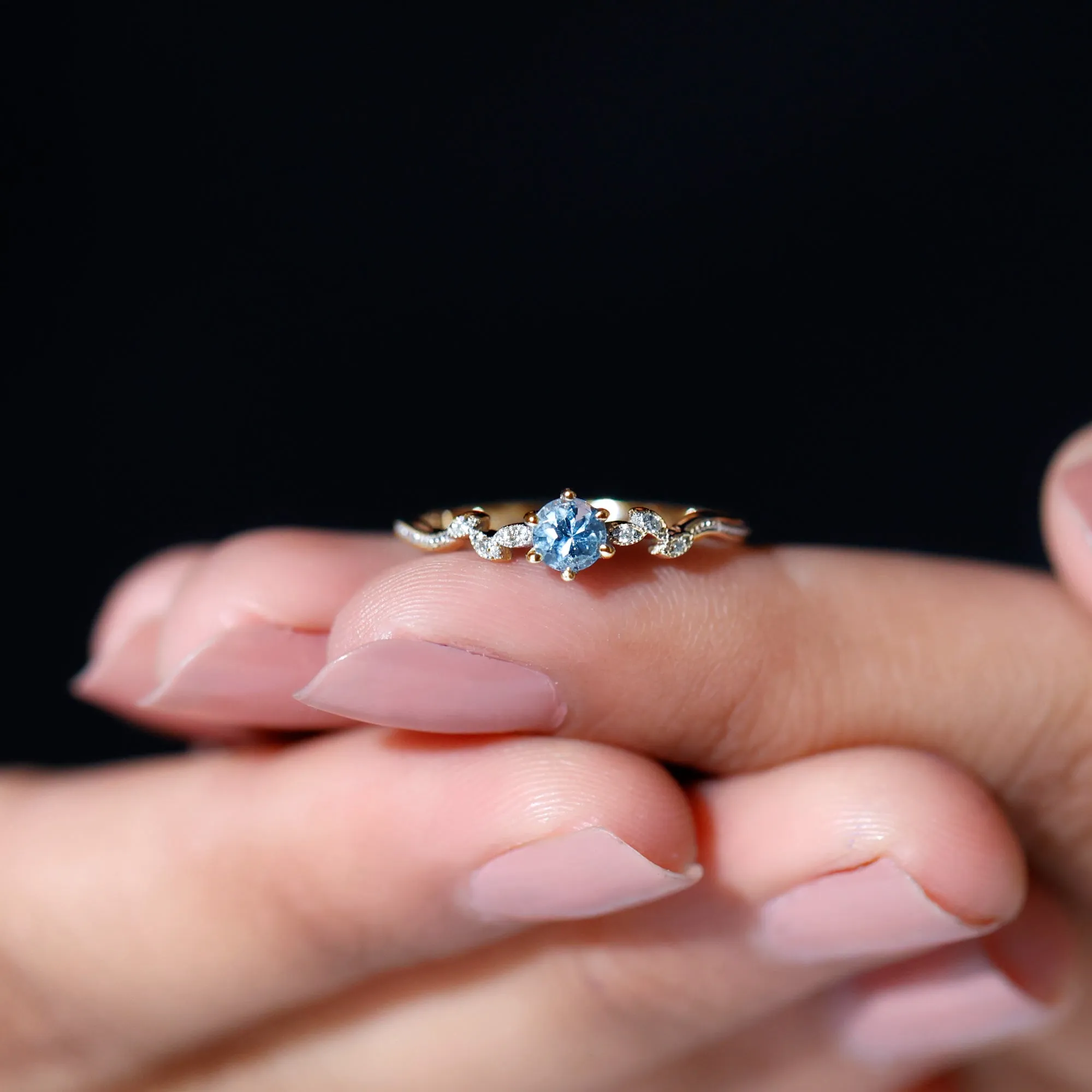 Round Aquamarine Diamond Nature Inspired Promise Ring