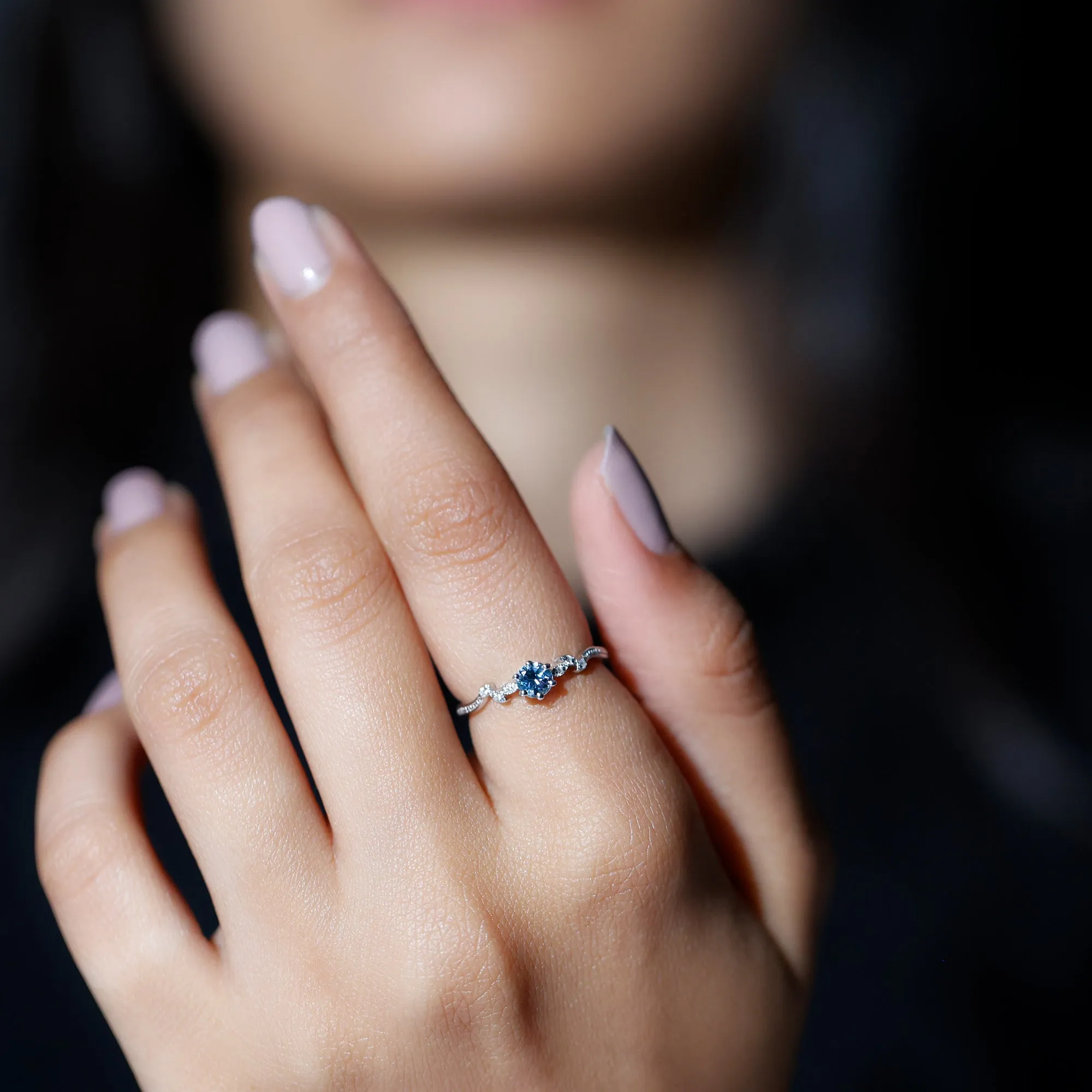 Round Aquamarine Diamond Nature Inspired Promise Ring