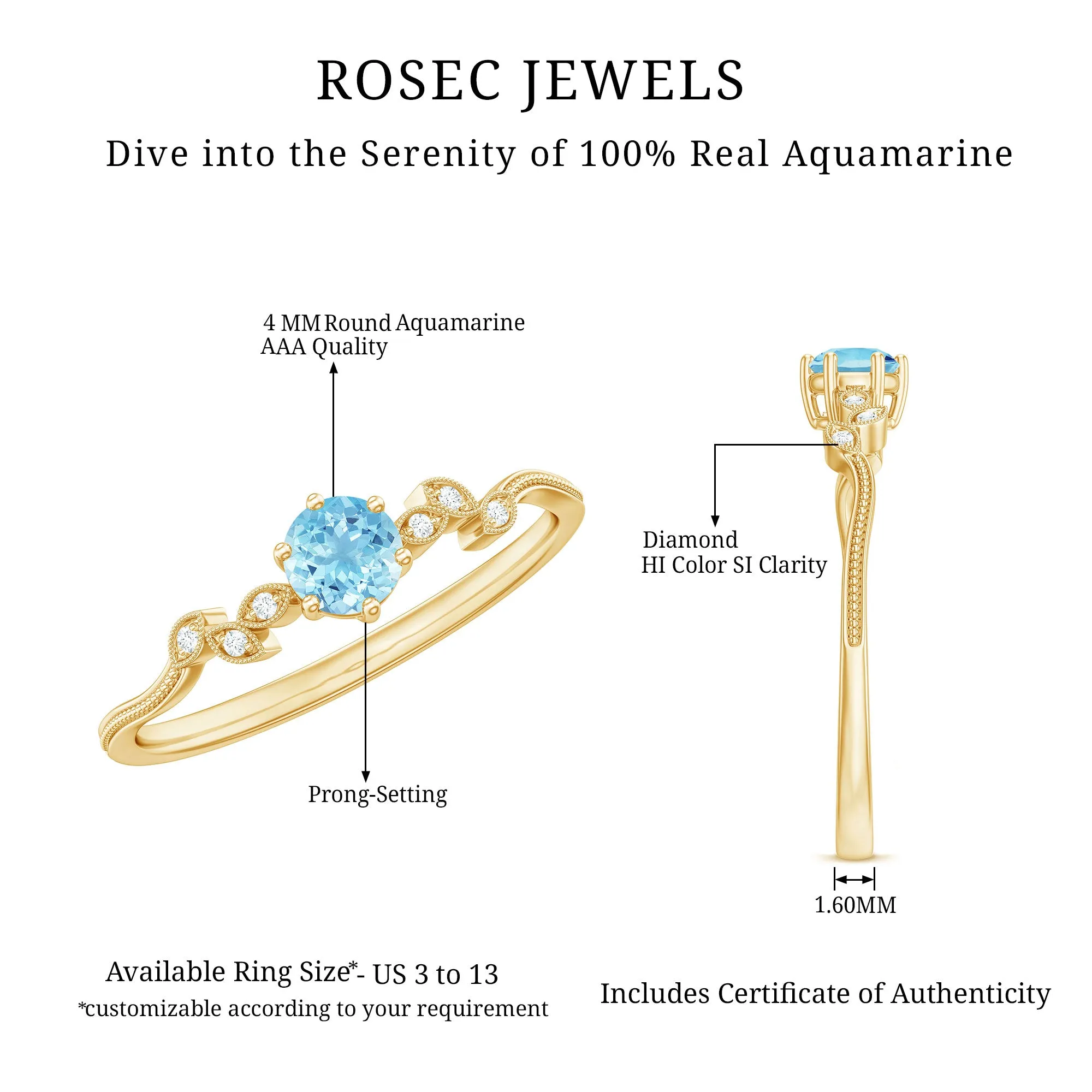 Round Aquamarine Diamond Nature Inspired Promise Ring