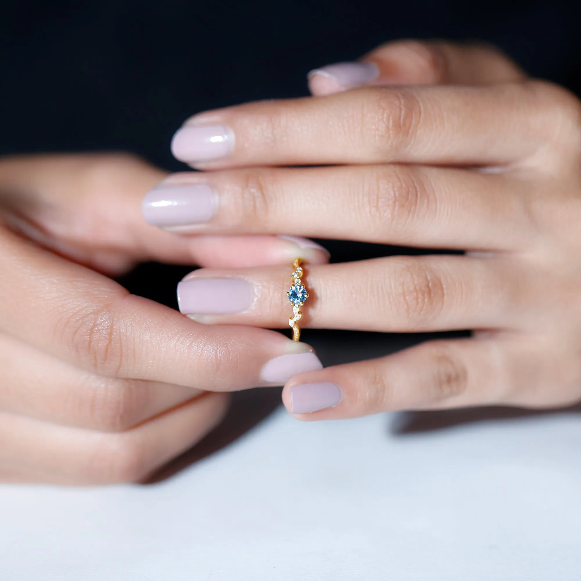 Round Aquamarine Diamond Nature Inspired Promise Ring