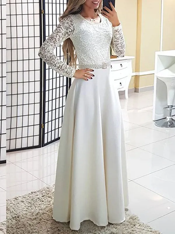 Round Neck Lace Long Sleeve Dress Maxi Skirt
