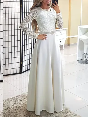 Round Neck Lace Long Sleeve Dress Maxi Skirt