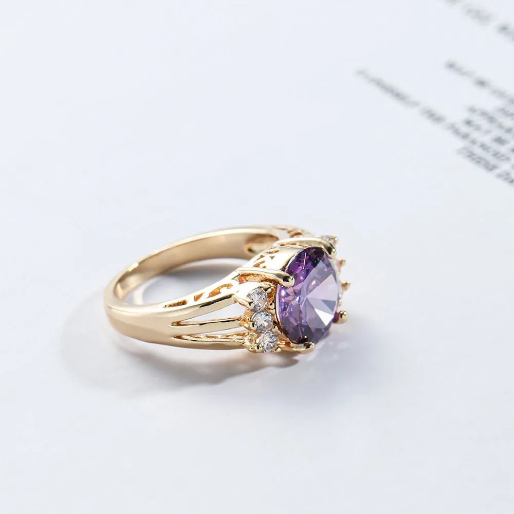 Round Purple Zircon Ring For Women 14K Yellow Gold jewelry