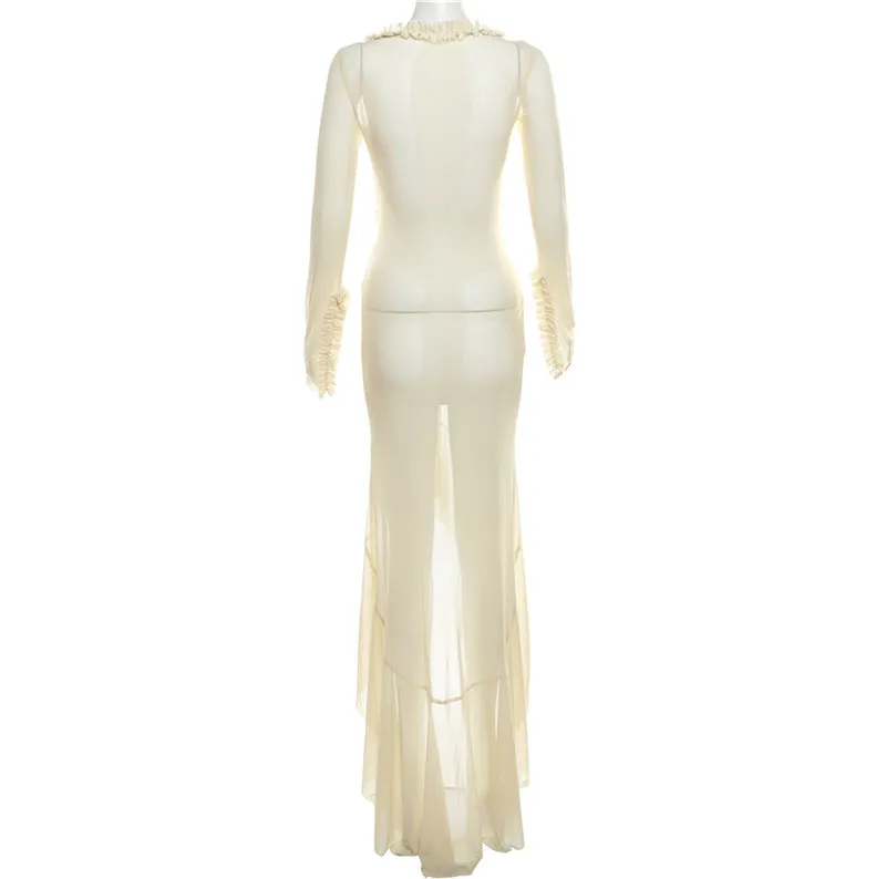 Ruffle Trim Belly Cut Out Long Sleeve Maxi Dress