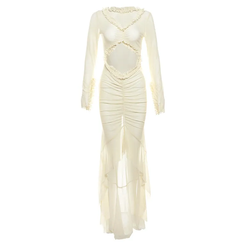 Ruffle Trim Belly Cut Out Long Sleeve Maxi Dress