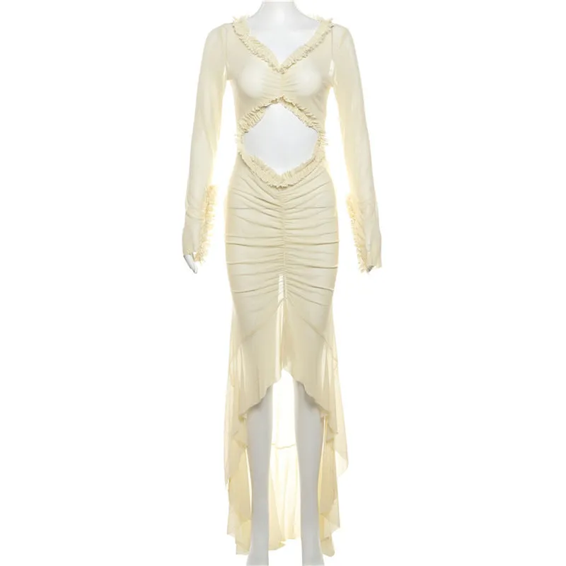 Ruffle Trim Belly Cut Out Long Sleeve Maxi Dress