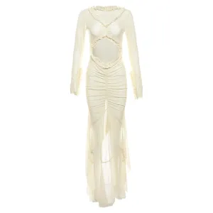 Ruffle Trim Belly Cut Out Long Sleeve Maxi Dress