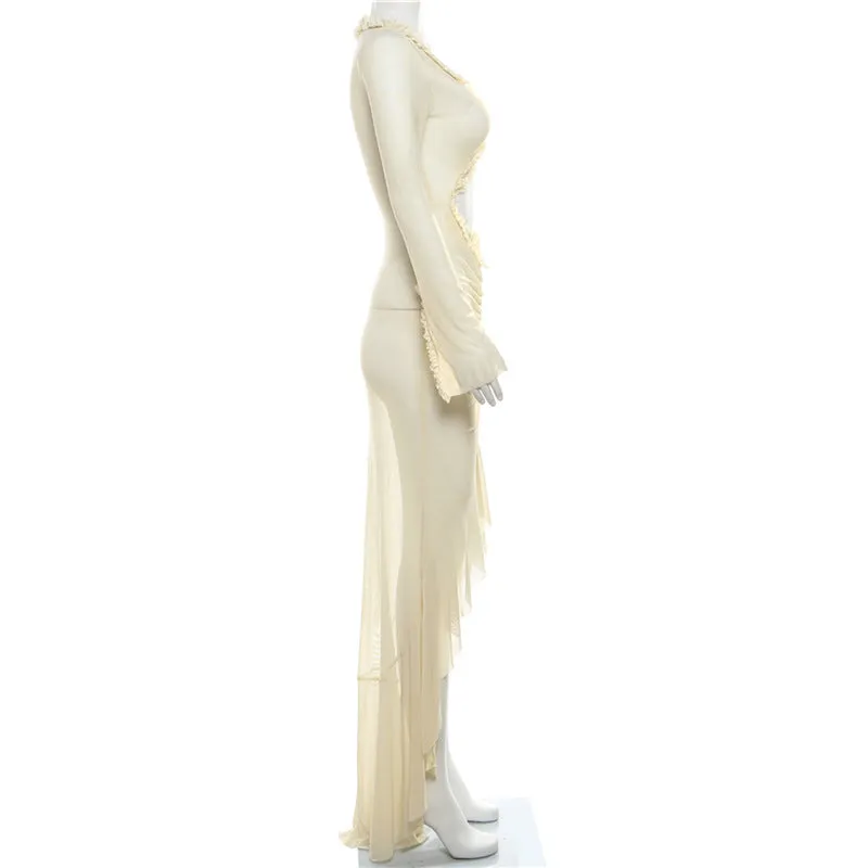 Ruffle Trim Belly Cut Out Long Sleeve Maxi Dress