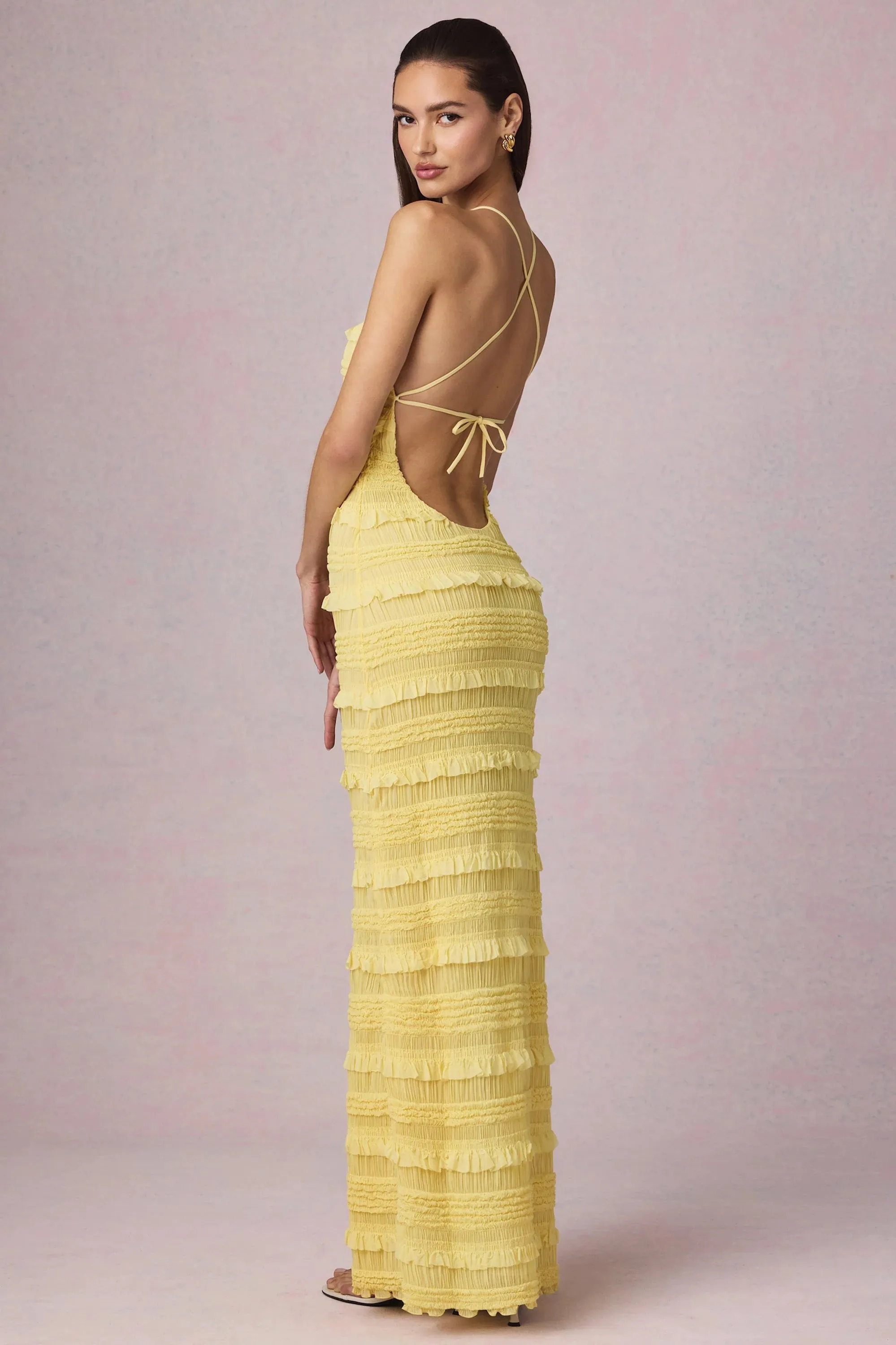 Ruffled Backless Halterneck Maxi Dress in Lemon Yellow