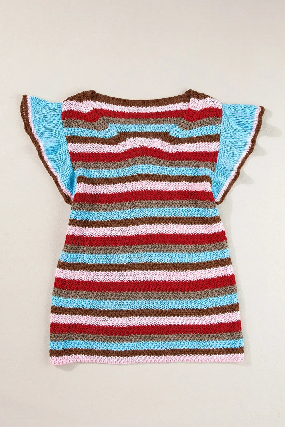 Ruffled Striped V-Neck Cap Sleeve Knit Top