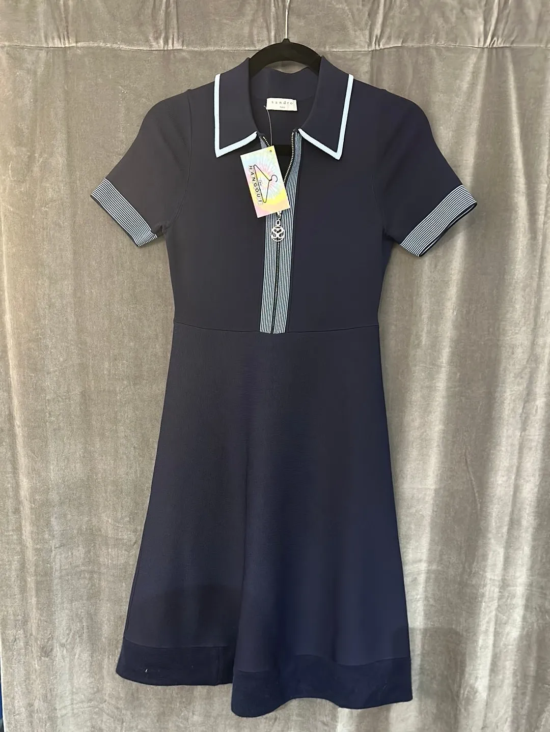 Sandro Navy Collared Short Sleeve Stretch Knit Fit and Flare with Zipper