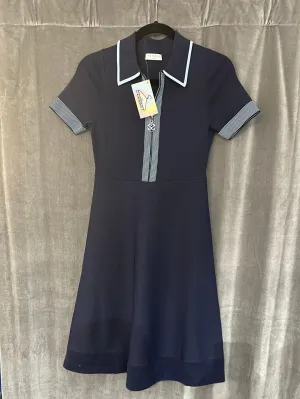 Sandro Navy Collared Short Sleeve Stretch Knit Fit and Flare with Zipper