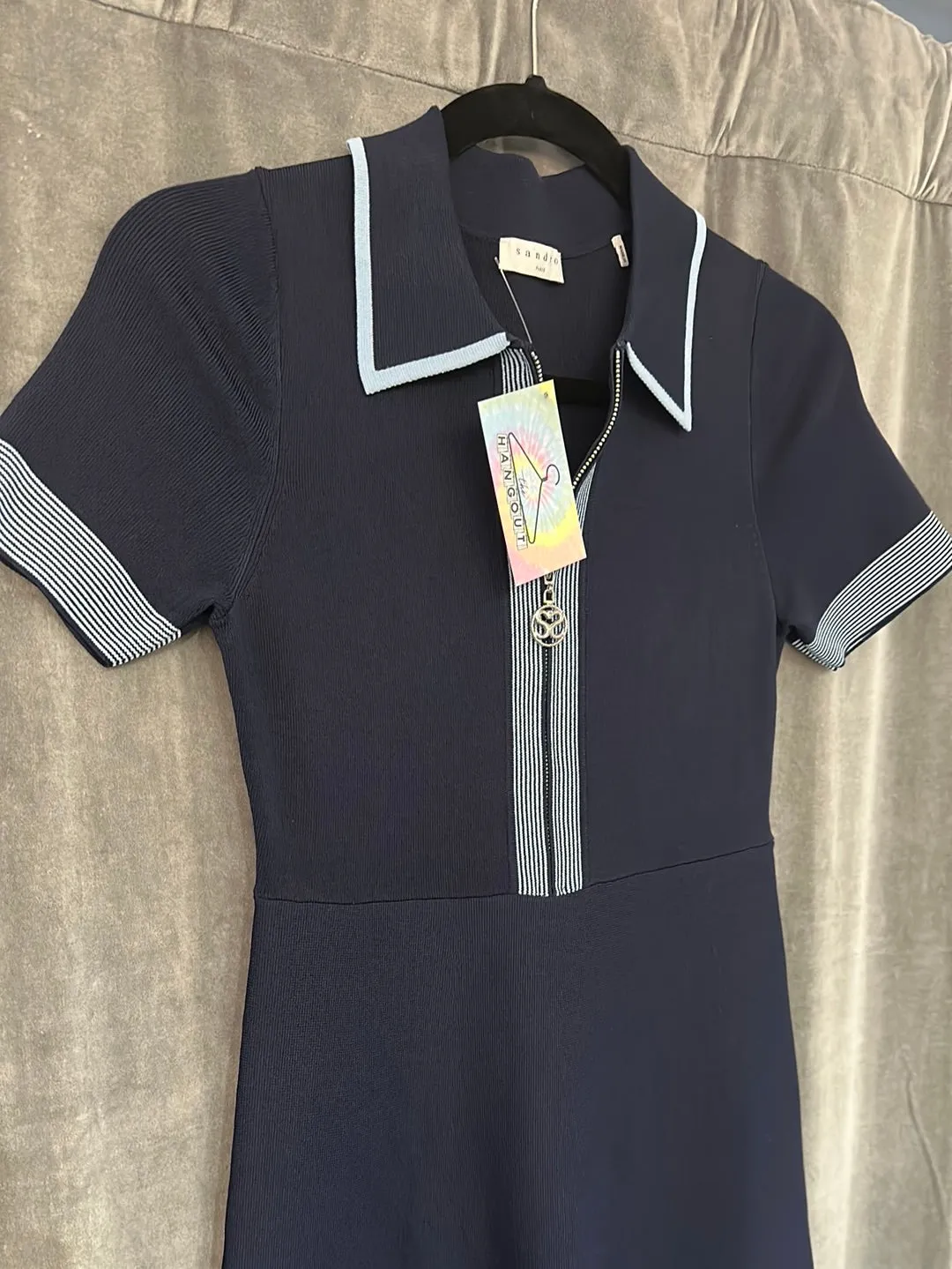 Sandro Navy Collared Short Sleeve Stretch Knit Fit and Flare with Zipper