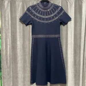 Sandro Navy Short Sleeve Studded Mock Neck Flare Bottom Dress