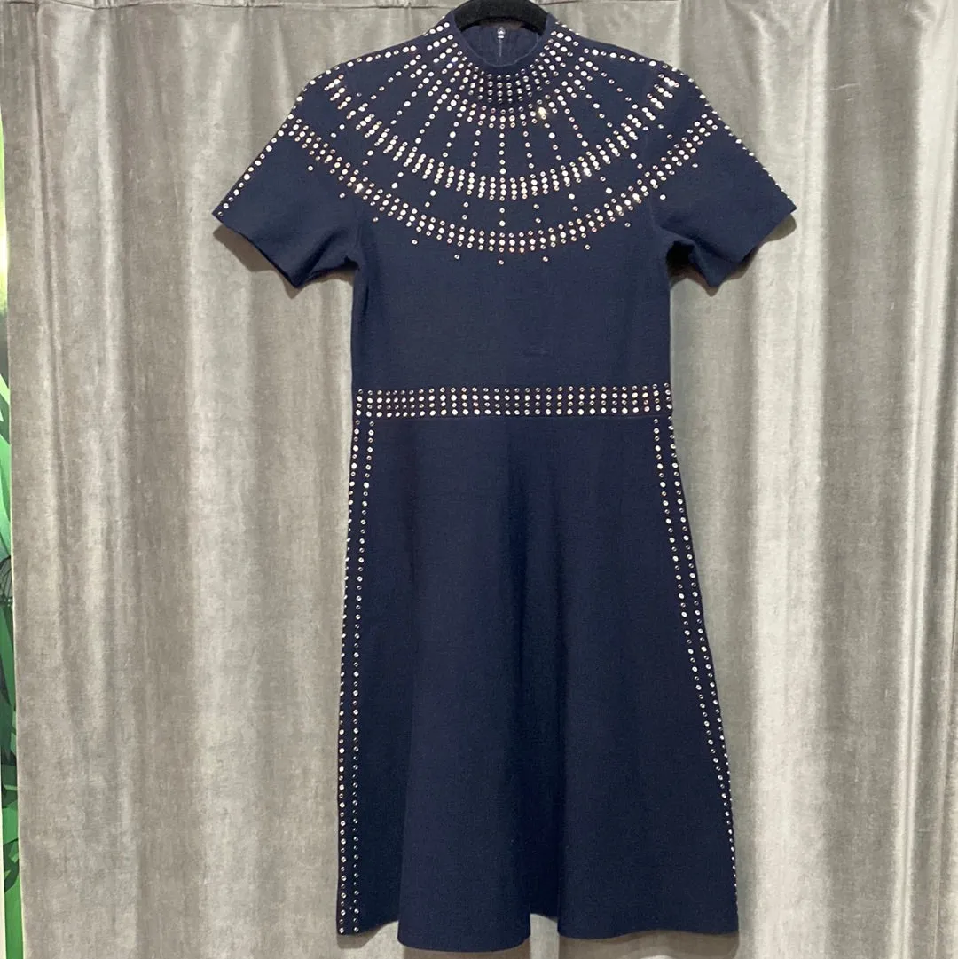 Sandro Navy Short Sleeve Studded Mock Neck Flare Bottom Dress