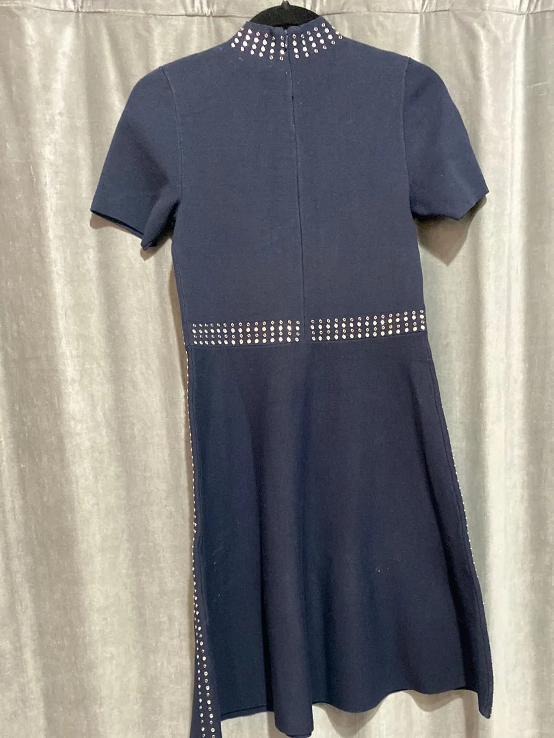 Sandro Navy Short Sleeve Studded Mock Neck Flare Bottom Dress