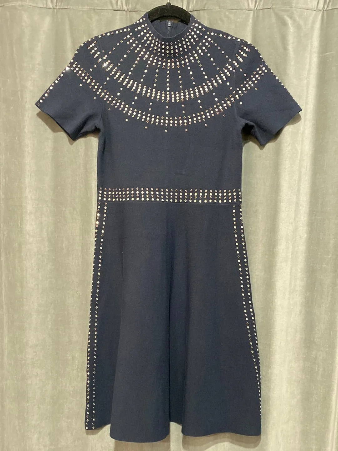 Sandro Navy Short Sleeve Studded Mock Neck Flare Bottom Dress