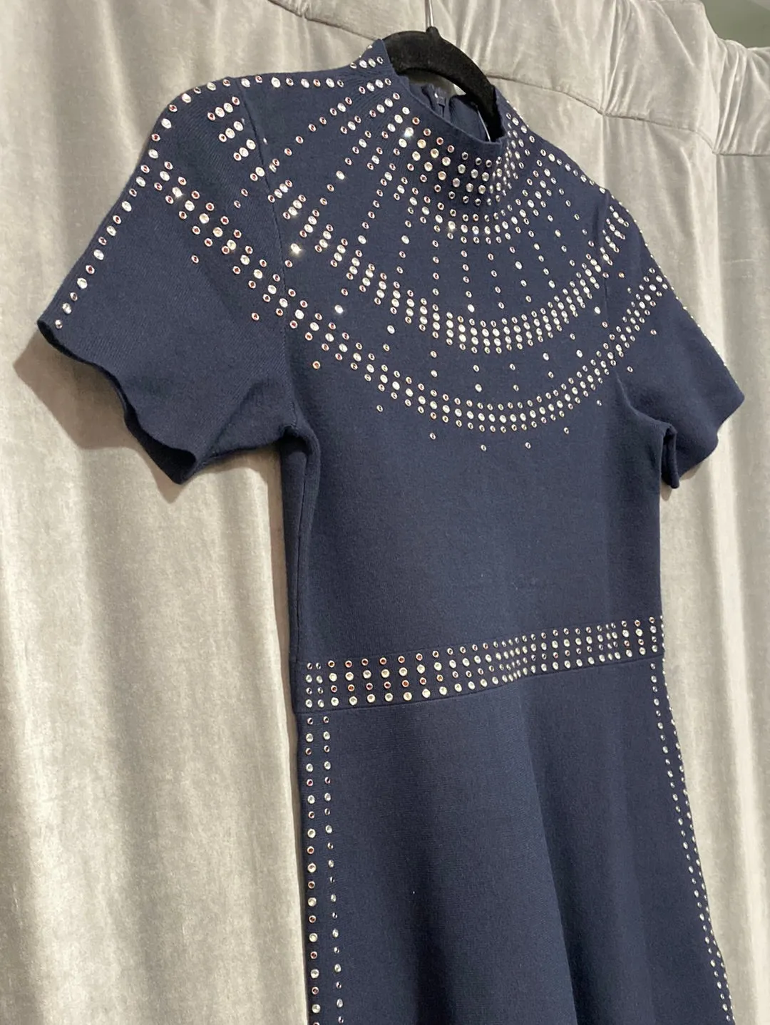 Sandro Navy Short Sleeve Studded Mock Neck Flare Bottom Dress