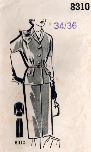 Sew-Rite 8310 RARE Womens Pencil Skirt Suit Jacket with Asymmetric Scarf & Pocket Detail  1950s Vintage Sewing Pattern Bust 34 - 36 inches UNUSED Factory Folded