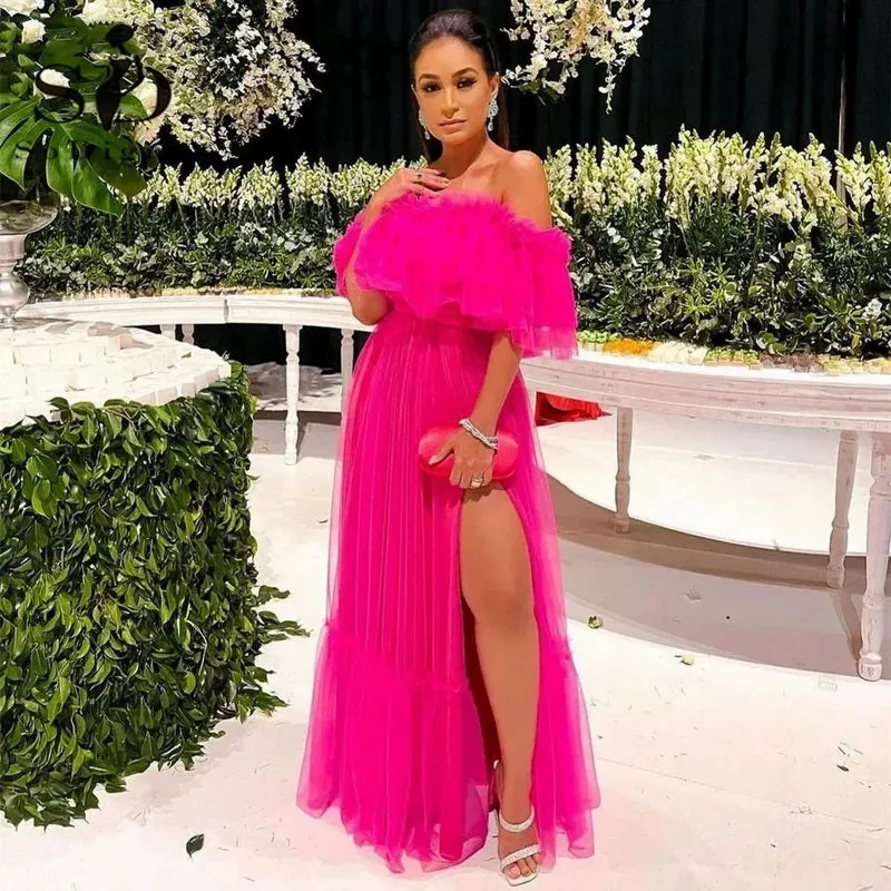 Sexy Hot Pink A-line Off Shoulder Side Slit Maxi Long Party Prom Dresses,WGP332