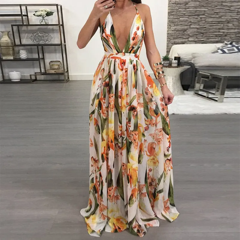 Sexy Maxi Boho Style Print Party Dress Deep V Neck Backless Long Dress