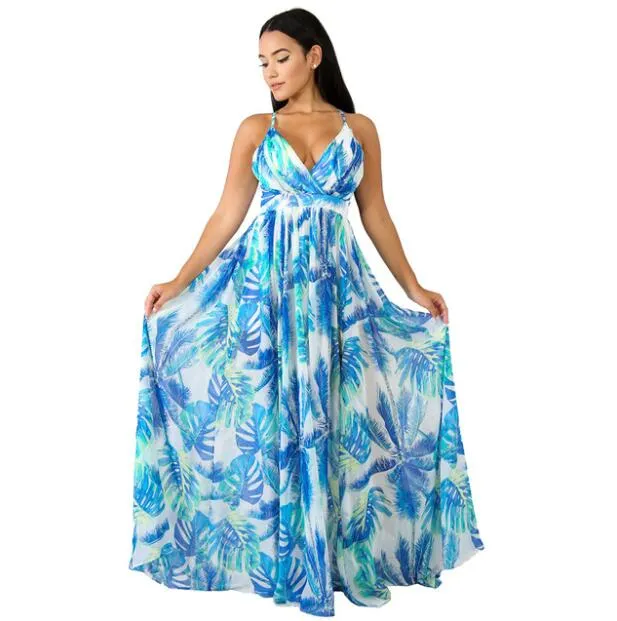 Sexy Maxi Boho Style Print Party Dress Deep V Neck Backless Long Dress