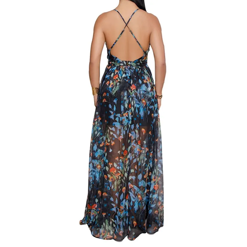 Sexy Maxi Boho Style Print Party Dress Deep V Neck Backless Long Dress