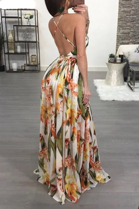 Sexy Maxi Boho Style Print Party Dress Deep V Neck Backless Long Dress