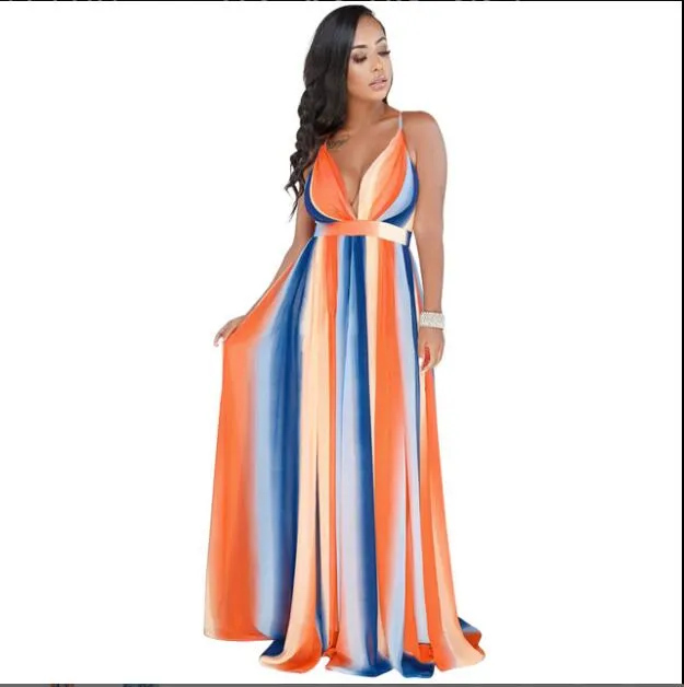 Sexy Maxi Boho Style Print Party Dress Deep V Neck Backless Long Dress