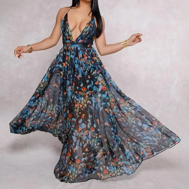 Sexy Maxi Boho Style Print Party Dress Deep V Neck Backless Long Dress