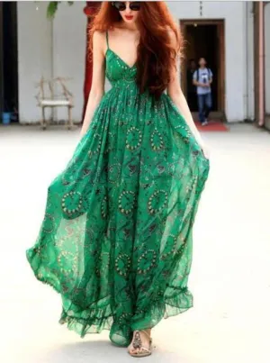 Sexy Maxi Boho Style Print Party Dress Deep V Neck Backless Long Dress