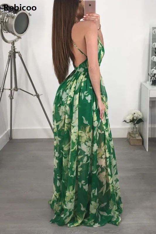 Sexy Maxi Boho Style Print Party Dress Deep V Neck Backless Long Dress