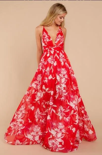 Sexy Maxi Boho Style Print Party Dress Deep V Neck Backless Long Dress