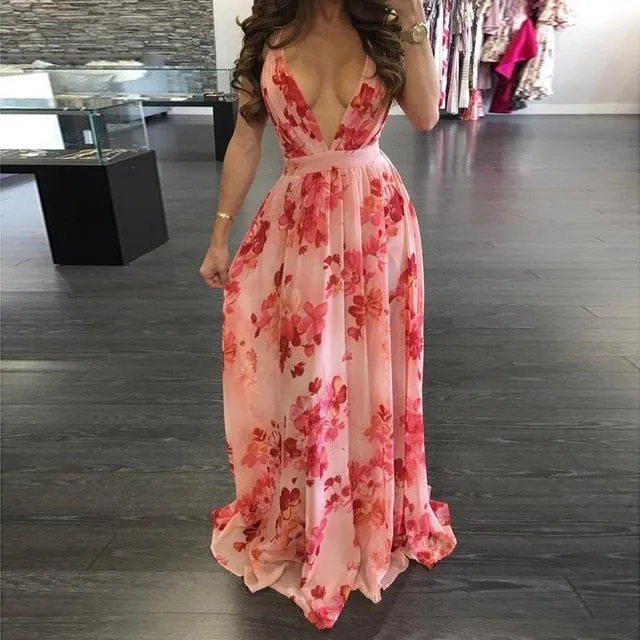 Sexy Maxi Boho Style Print Party Dress Deep V Neck Backless Long Dress