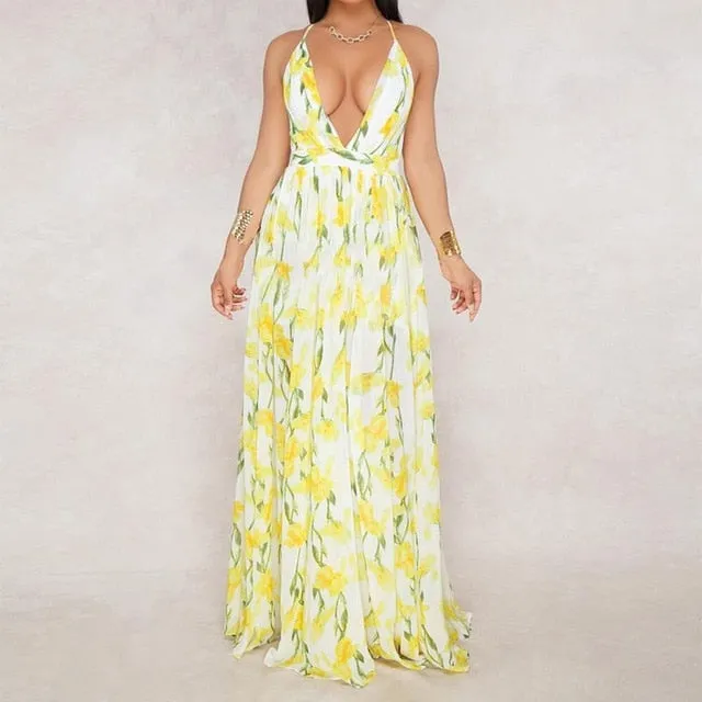 Sexy Maxi Boho Style Print Party Dress Deep V Neck Backless Long Dress