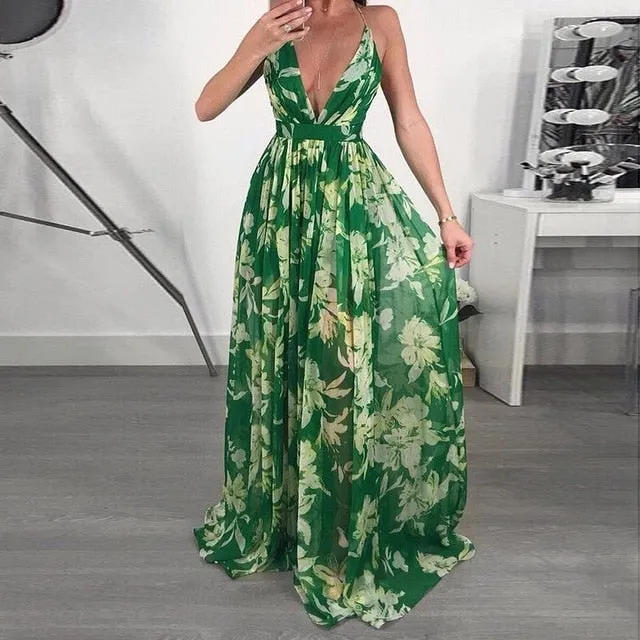 Sexy Maxi Boho Style Print Party Dress Deep V Neck Backless Long Dress