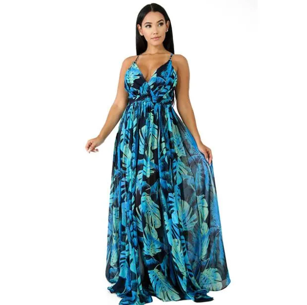 Sexy Maxi Boho Style Print Party Dress Deep V Neck Backless Long Dress