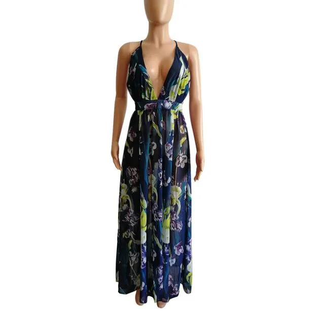 Sexy Maxi Boho Style Print Party Dress Deep V Neck Backless Long Dress