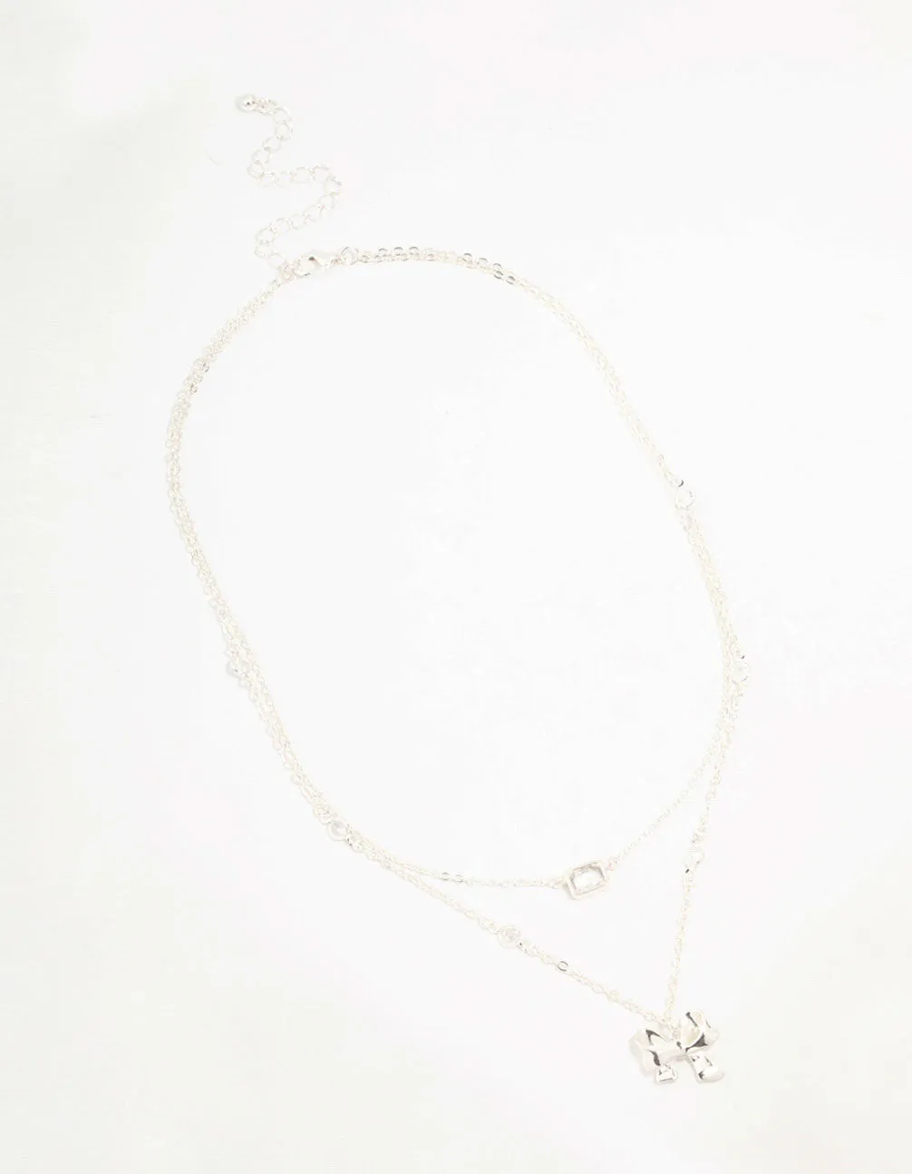Silver Plated Bow Pendant Station Layered Necklace
