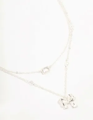 Silver Plated Bow Pendant Station Layered Necklace