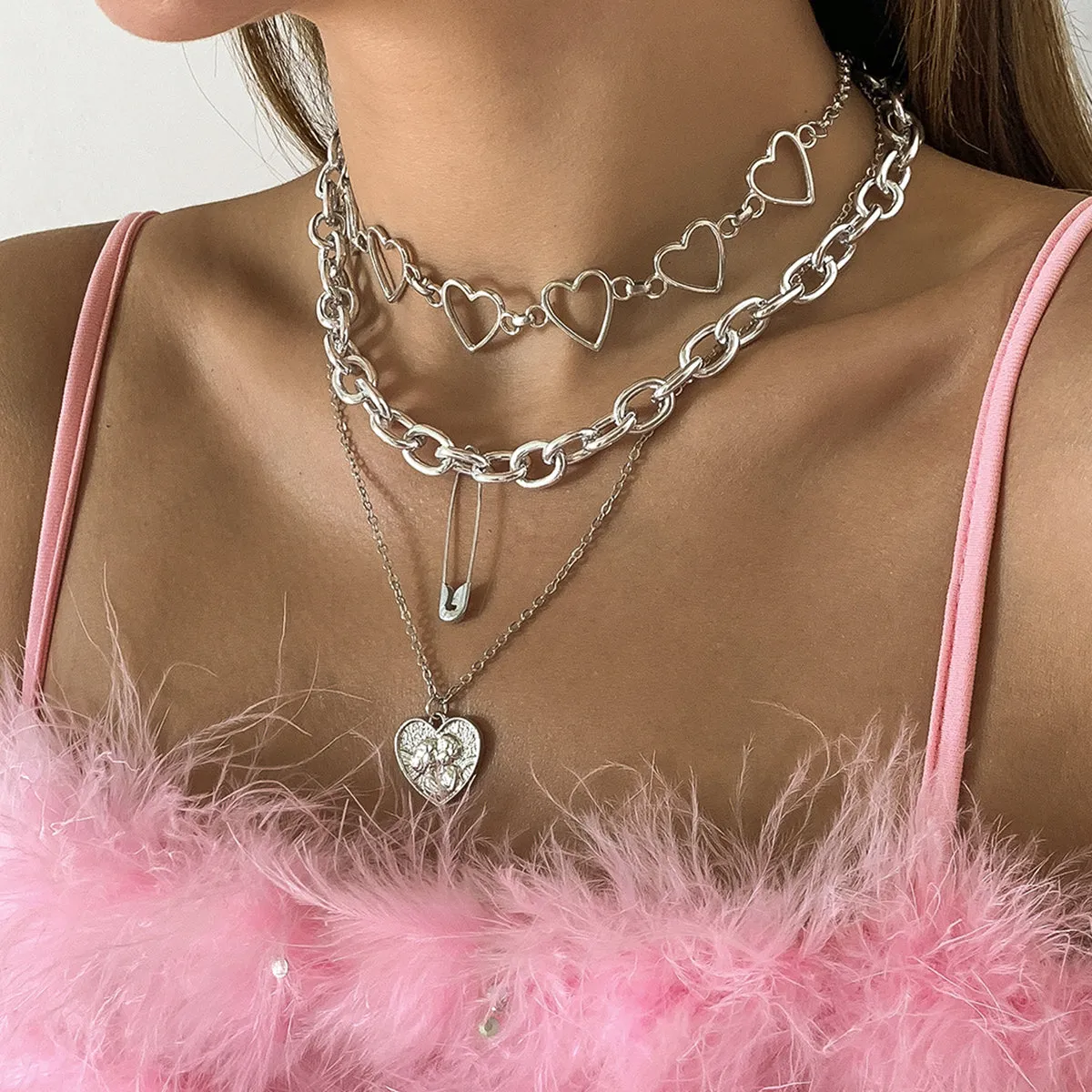 Silver-Plated Heart Pendant Necklace Set
