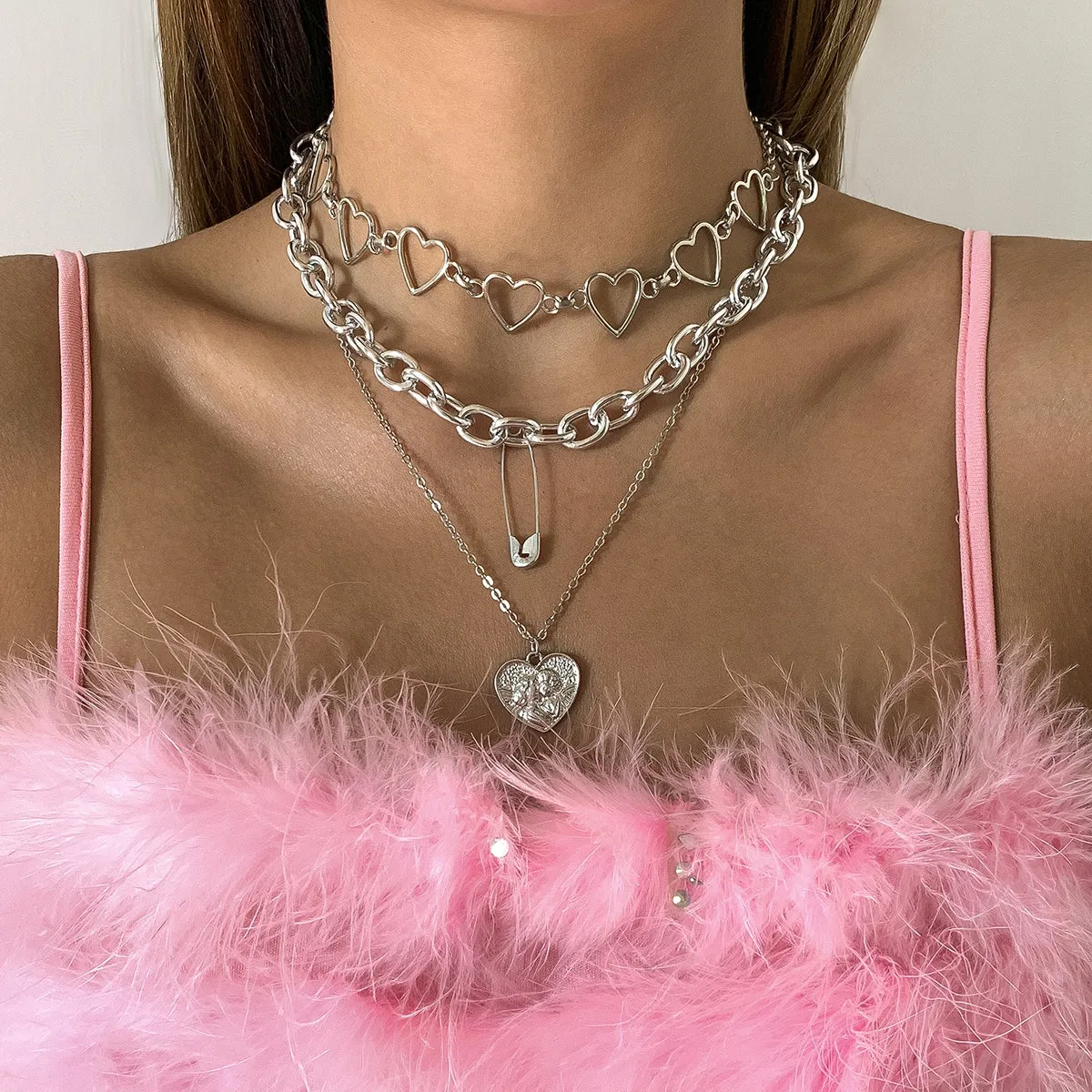 Silver-Plated Heart Pendant Necklace Set