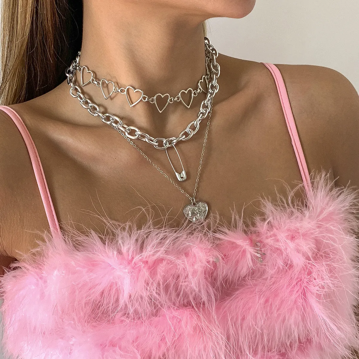 Silver-Plated Heart Pendant Necklace Set